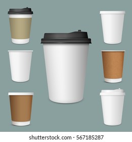 Realistic set of  paper Coffee Cups. Collection 3d Coffee Cup Mockup. Vector Template