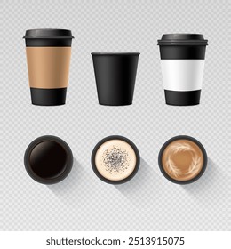 Realistic set of paper craft and plastic disposable cup of take-out coffee in top and side view. Cup of hot americano, espresso, cappuccino, latte design elements for mockup.