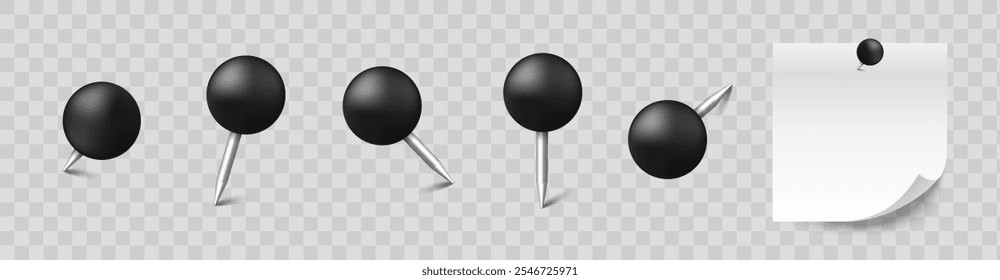 Realistic set with paper pins. Black pin for paper attach. Vector EPS 10