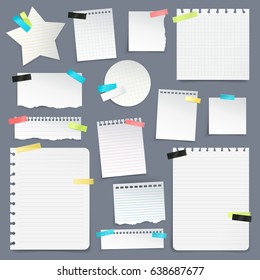 Realistic set of paper scraps and clean sheets torn from school notebook on gray background  isolated vector illustration