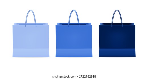 Realistic set of paper shopping bags packaging, for Shopping goods and products transportation shoppings from shop or grocery. Vector illustration isolated on white background.