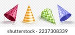 Realistic set of party hats png isolated on transparent background. Vector illustration of red, yellow, green, blue cone caps decorated with dots, stripes and zigzags. Birthday celebration accessory