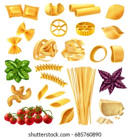 Realistic set of pasta including penne, fusilli, tagliatelle, farfalle, spaghetti, cheese, tomato and basil isolated vector illustration