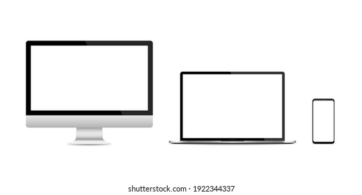 Conjunto realista de monitor de PC, laptop y smartphone aislados en fondo blanco. Ilustración del vector EPS 10