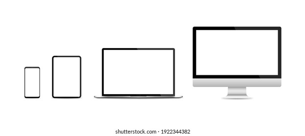 Realistic set of PC monitor, laptop, tablet and smartphone isolated on white background. Vector illustration EPS 10