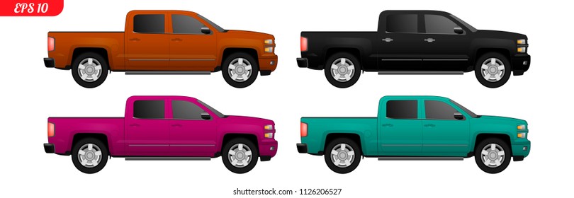 	
Realistic set of pickup car model. Car pick up template, mock up vector illustration Pick up body vector. Pickup truck 4x4 vector illustration. Pick up 4x4 set cat. Set realistic model pickup truck