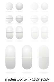 Realistic set pills.Pills Capsules Template, 3d Realistic White Medical Pill Icon Set Closeup. Pharmacy treatment. Stock vector illustration on white isolated background.