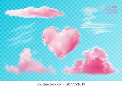Conjunto realista de nubes rosas sobre un fondo transparente. Ilustración del vector