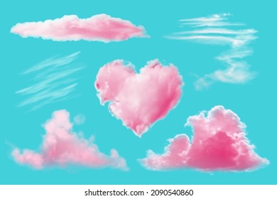 Realistic set of pink clouds on a blue background. Vector illustration