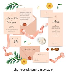 Realistic set of pink wedding invitation templates with text seal and rings isolated vector illustration