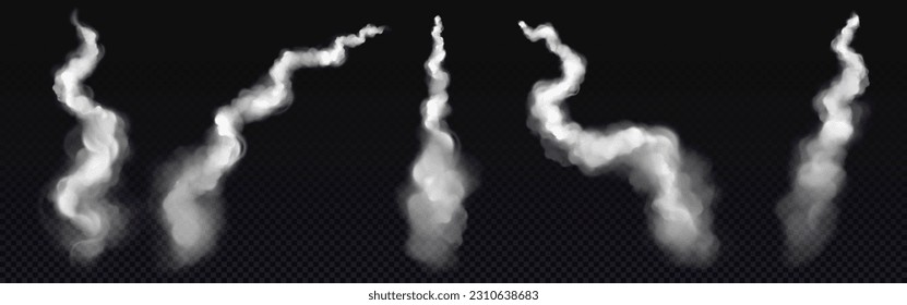 Realistic set of plane condensation trails isolated on transparent background. Vector illustration of curvy smoke lines left by aircraft takeoff, missile launch, rocket flight. Airplane speed effect