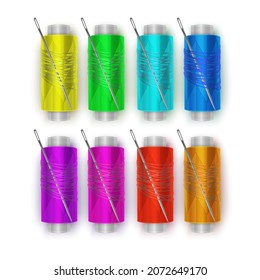 Realistic set of plastic bobbins, spools with colored thread isolated on background. Equipment for sewing, tailoring, accessory for needlework and clothing repair