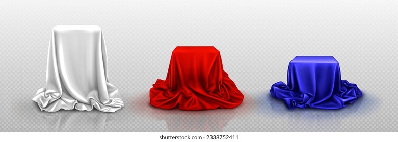 Realistic set of podiums covered with white, red, blue silk cloth. Vector illustration of surprise hidden under satin fabric with drapery waves isolated on transparent background, product presentation