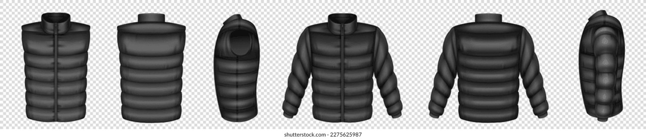 Realistic set of puffer jacket and vest mockups isolated on transparent background. Vector illustration of black waistcoat, sleeveless outwear front, back, side view. Warm winter, demi season clothes svg