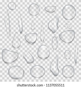 Realistic set, pure clear water drops. Isolated vector illustration.