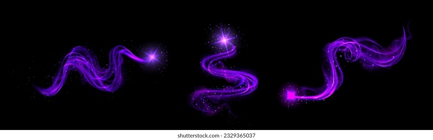 Realistic set of purple light vortex effects isolated on black background. Vector illustration of luminous lines with shiny glitter particles, magic energy curve twirl, glowing Christmas decoration