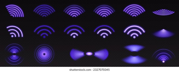 Realistic set of purple radio wave signal signs isolated on transparent background. Vector illustration of radial symbol of wifi connection, sound spread, pulse effect, vibration frequency, radar area