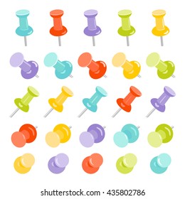 Realistic set of push pins in different colors on white background. Thumbtacks stationery products. Top view. Vector illustration.