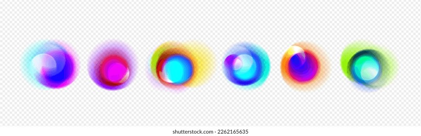 Realistic set radial gradient spots isolated transparent background  Vector illustration rainbow color dots  light refraction effect  holographic blurred circles  Abstract design elements
