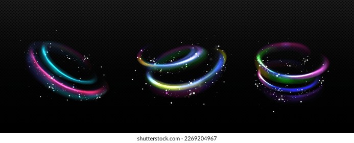 Realistic set of rainbow light motion effects isolated on transparent background. Vector illustration of magic colorful swirl, abstract spiral curve sparkling with shiny particles. Positive energy