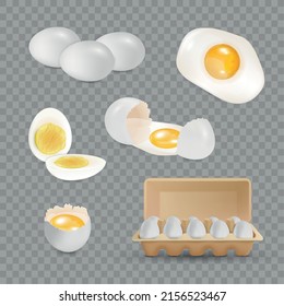 Realistic set of raw boiled fried chicken eggs eggshell container isolated on transparent background vector illustration