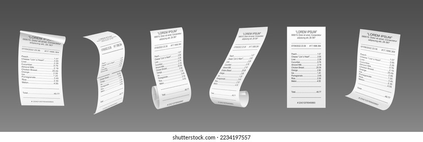 Realistic set of receipt paper templates isolated on grey background. Vector illustration of payment confirmation document mockup from shop, restaurant, bank. Rolled, side and front view of bill