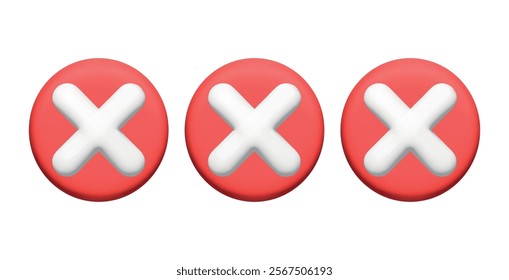 Realistic set of red check mark 3d. Red cross. Wrong. Render trendy icon. Symbol sign. Vector. Textbox and checkbox. Frame vote. Button. No. False and reject. Incorrect. Transparent. Plastic