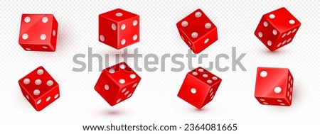 Realistic set of red dice isolated on transparent background. Vector illustration of 3D game cubes with spots on sides for game of change, gambling assets, random chance to win, good luck symbol