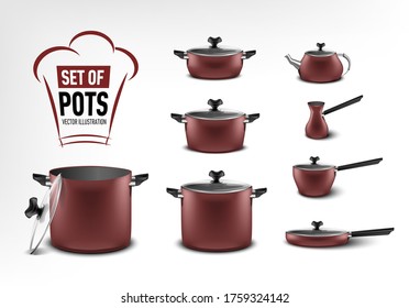 realistic set of red kitchen appliances, pots of different sizes, coffee maker, turk, stewpan, frying pan, kettle
