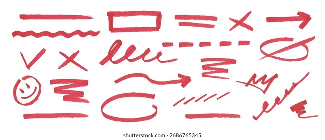 Realistic set of red marker elements and lines for underlining, highlighting text. Hand drawn texture scribble pen stroke. Curved doodles for design sketch, banner, collage and note.