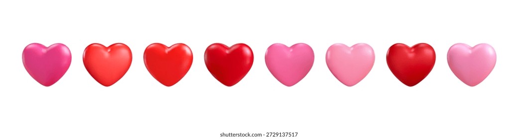 Conjunto realista de corazones rojos y rosados con reflejos brillantes. Para diseños de San Valentín, Anuncios con temas de amor, proyectos de bodas, tarjetas de felicitación, publicaciones en redes sociales, decoraciones festivas.
