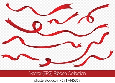 Realistische Gruppe roter Bänder einzeln auf transparentem Hintergrund, mit gekrümmten Bändern in verschiedenen Längen, Wendungen und Formen. Vektorgrafik für Feriendekorationen und Grafikprojekte