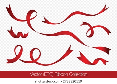 Realistic set of red ribbons isolated on a transparent background, featuring curved ribbons in different lengths, twists, and shapes. Vector illustration for holiday decorations and graphic project