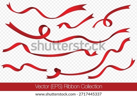 Realistic set of red ribbons isolated on a transparent background, featuring curved ribbons in different lengths, twists, and shapes. Vector illustration for holiday decorations and graphic projects