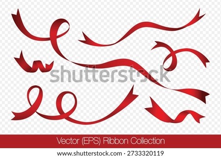 Realistic set of red ribbons isolated on a transparent background, featuring curved ribbons in different lengths, twists, and shapes. Vector illustration for holiday decorations and graphic project