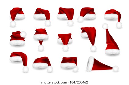Realistic set of Red Santa Claus hats isolated on white background. Gradient mesh Santa Claus cap with fur. Vector illustration.