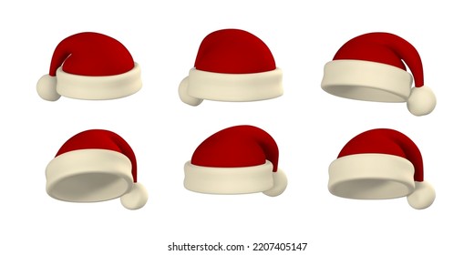 Realistic set of red Santa Claus hat. Gradient mesh Santa Claus cap with fur. Vector illustration.