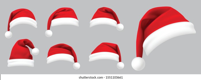 Realistic Set Of Red Santa Hats. New Year Red Hat. - Stock Vector.
