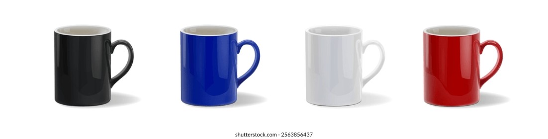 Realistic set of red white black blue coffee mug mockups isolated. Vector illustration of big ceramic cups with handles.