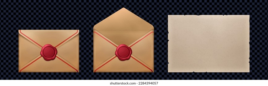 Conjunto realista de correo de papel retro aislado sobre fondo transparente. Ilustración vectorial de sobres abiertos y cerrados con sellos de cera roja, letra en blanco o plantilla de postal. Mensaje de amor secreto