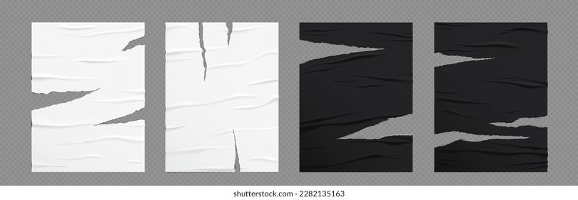 Realistic set of ripped glued wall posters isolated on transparent background. Vector illustration of blank black and white paper sheets with wet wrinkle effect. Old damaged announcement wallpaper