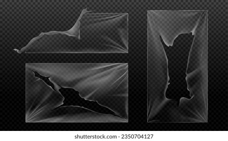 Realistic set of ripped plastic wraps isolated on transparent background. Vector illustration of polyethylene rectangles with uneven torn edge, holes, wrinkled texture, packaging damage overlay effect