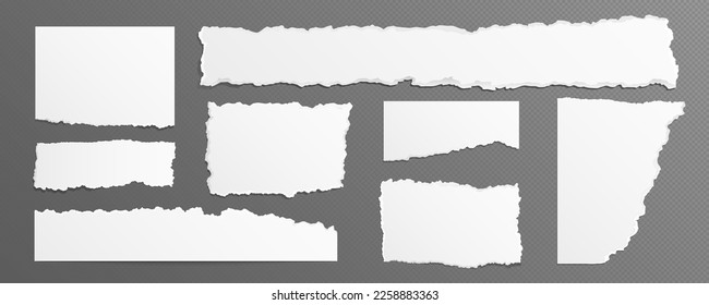 Conjunto realista de hojas de papel blanco rotas que se aíslan sobre un fondo transparente. Ilustración vectorial de páginas en blanco rotas con bordes de textura desiguales. Carta dañada, burla de documentos, corte de periódicos
