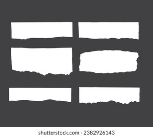 Realistic set of ripped white paper sheets png isolated on transparent background. Vector illustration of torn blank pages with uneven texture edges. Damaged letter, document mockup, newspaper cutout