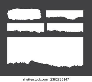 Realistic set of ripped white paper sheets png isolated on transparent background. Vector illustration of torn blank pages with uneven texture edges. Damaged letter, document mockup, newspaper cutout