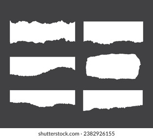 Realistic set of ripped white paper sheets png isolated on transparent background. Vector illustration of torn blank pages with uneven texture edges. Damaged letter, document mockup, newspaper cutout