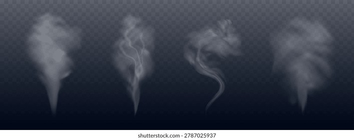 Realistic set of rising steam trails isolated on transparent background. Vector illustration of vapor effect from hot coffee or cigarette, abstract smoke texture, aromatic mist, fire design element