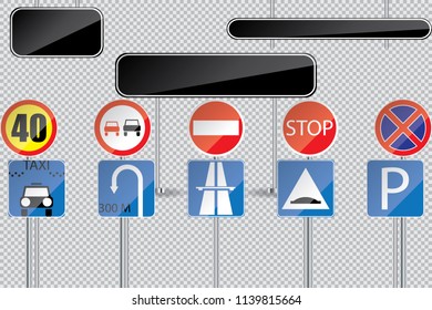 Realistic set of road signs isolated on transparent background. Vector illustration.