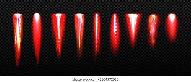 Realistische Sammlung von Raketenfeuerbahnen einzeln auf transparentem Hintergrund. Vektorgrafik von roter Flamme, Rauchen nach dem Start von Jet-Flugzeugen, Raumschiff-Start, Shuttle-Schalter, Hochgeschwindigkeits-Start