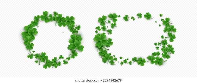 Realistic set of round clover frames isolated on transparent background. Vector illustration of green trifoil wreaths. Symbol of good luck, chance to success. Saint Patrick Day design elements png